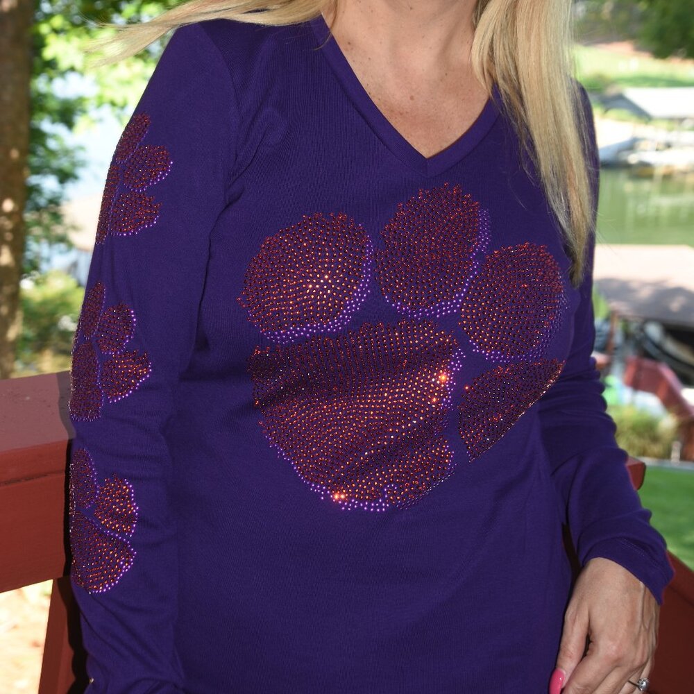 Clemson Tigers purple long sleeve rhinestone shirt XS, S, M, L,XL,XXL,1X,2X,3…